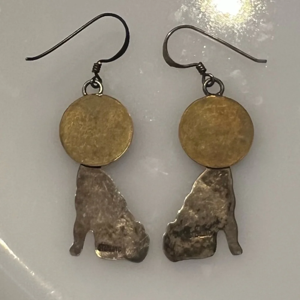 Native American Vintage Sterling Silver Hand Stamped Wolf Howling Moon Earrings